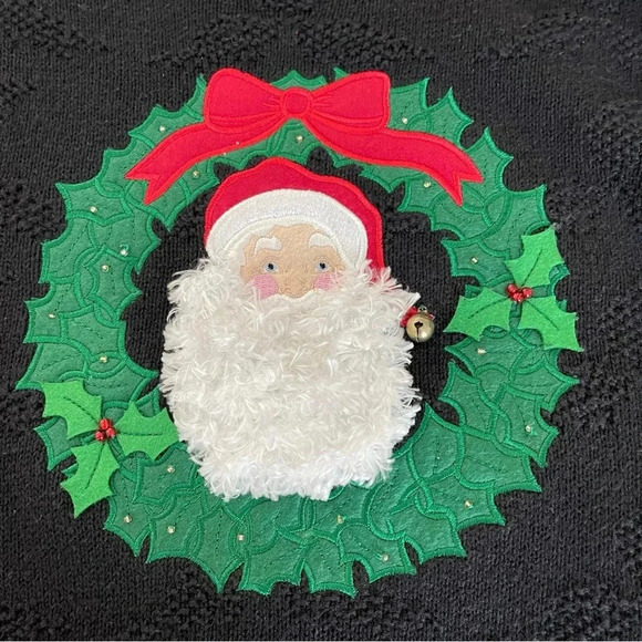 VTG Y2K 80’s Santa Christmas Sweater with Embroidered Wreath 3D Santa and Bell - Picture 7 of 9